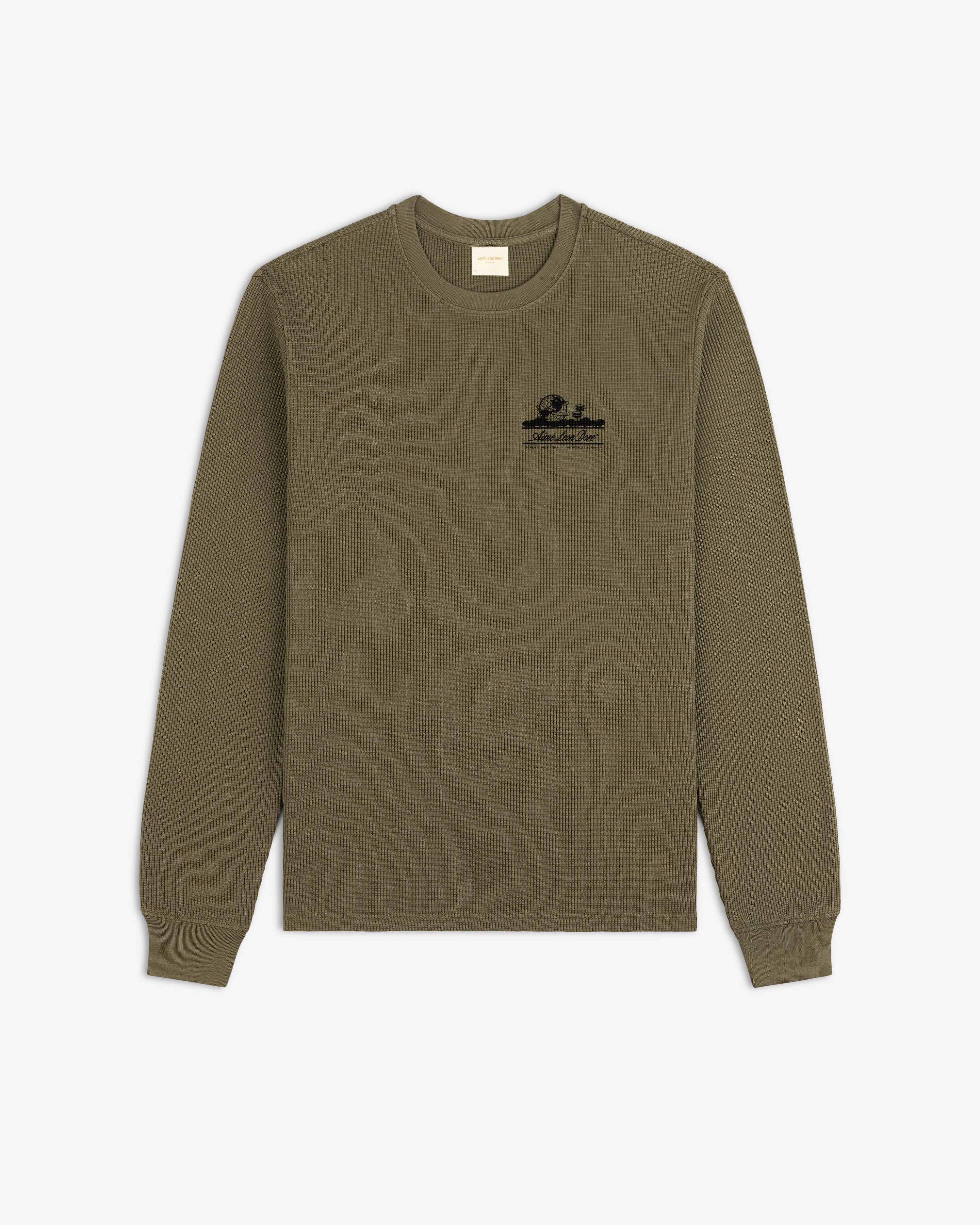Olive Long-Sleeve Unisphere Waffle Thermal with small black graphic and text on the upper left chest.