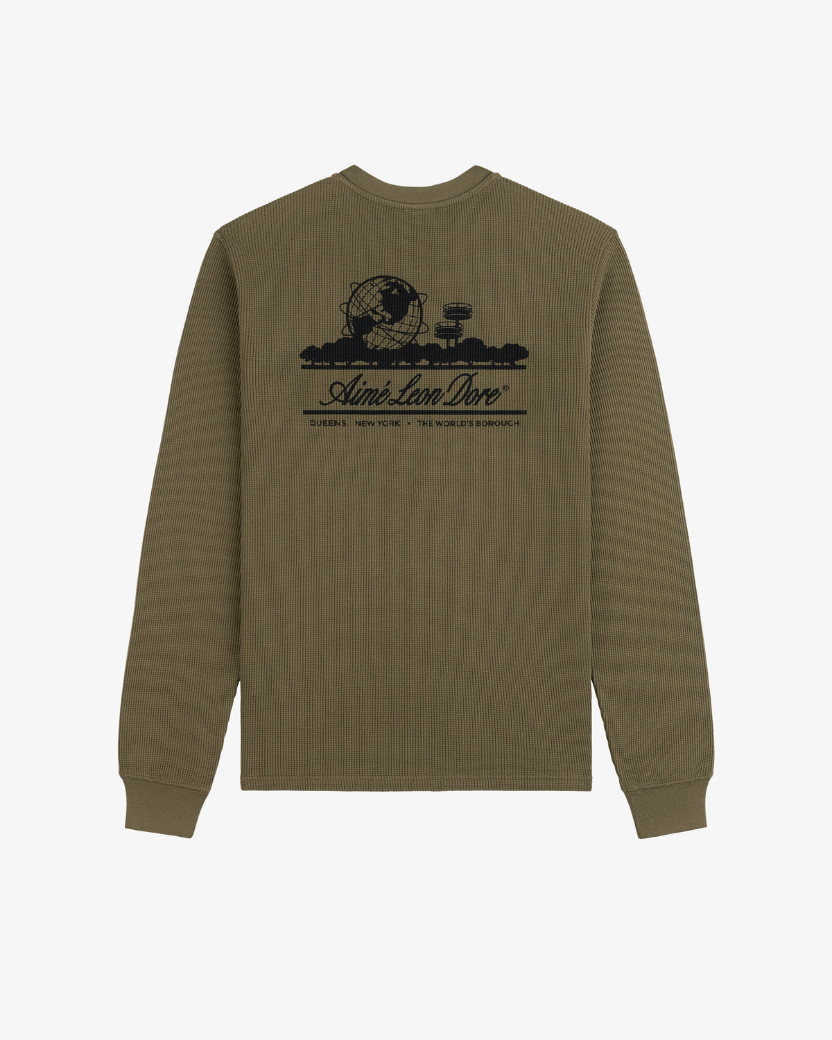 Olive Long-Sleeve Unisphere Waffle Thermal with black globe, trees, and text graphic on the back.