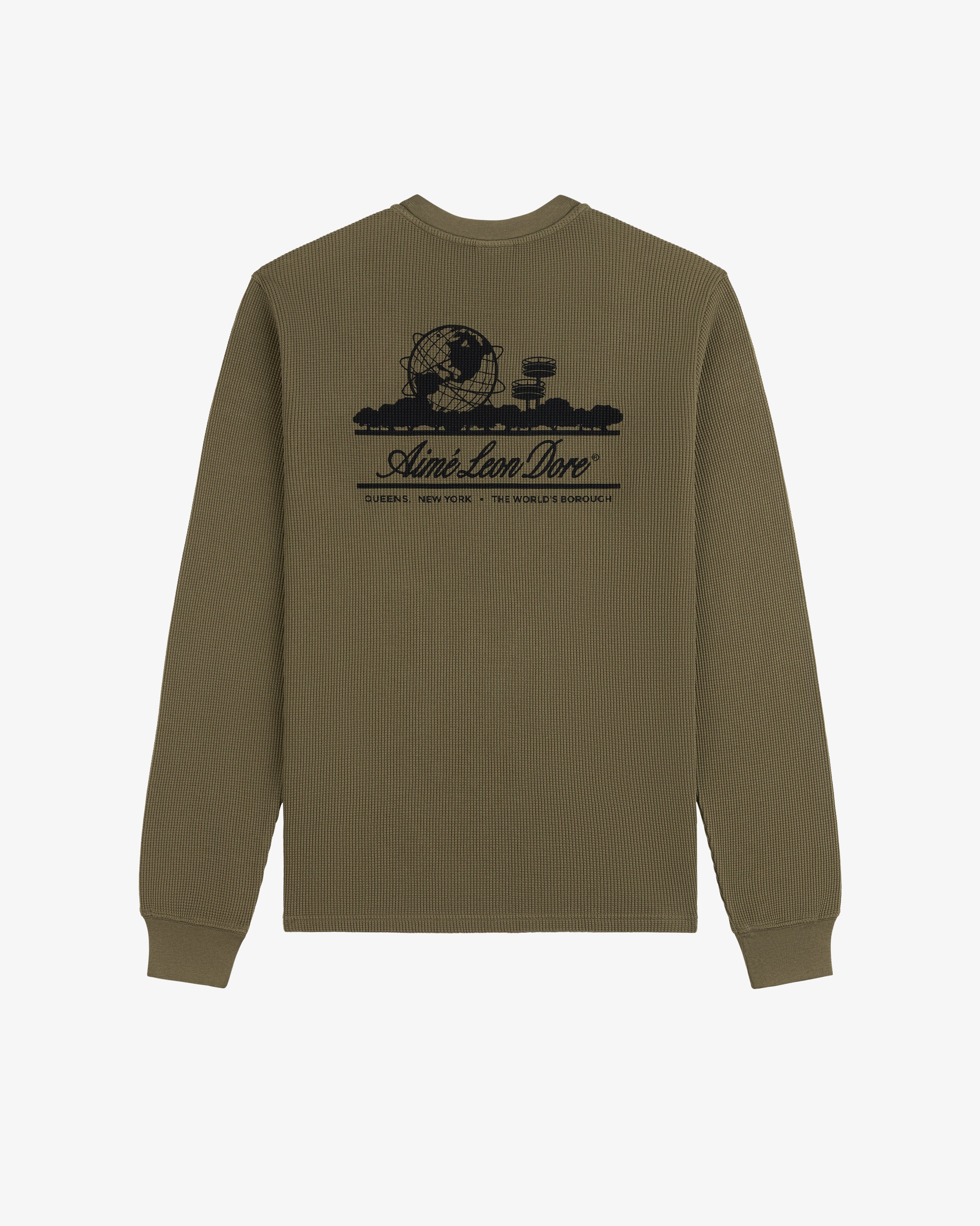 Olive Long-Sleeve Unisphere Waffle Thermal with black globe, trees, and text graphic on the back.