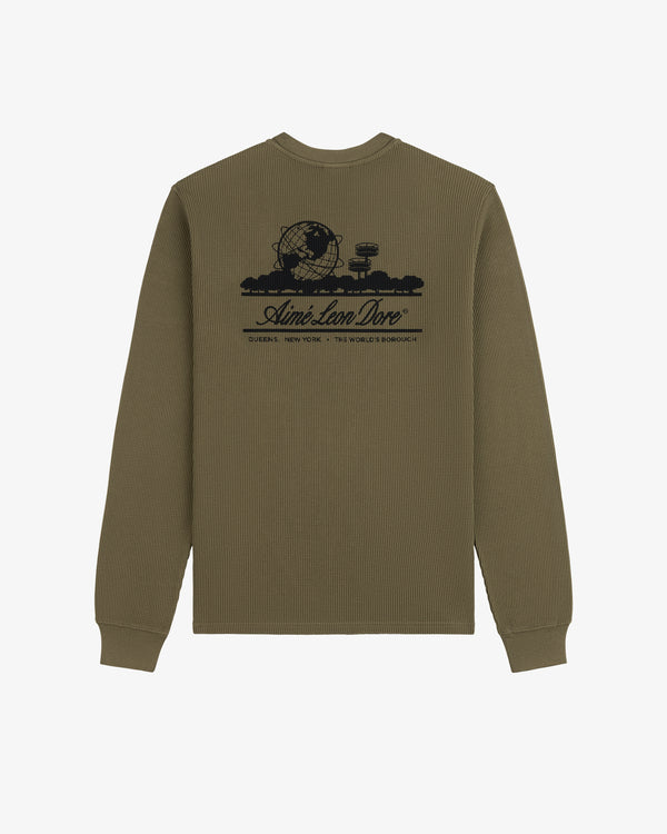 Olive Long-Sleeve Unisphere Waffle Thermal with black globe, trees, and text graphic on the back.