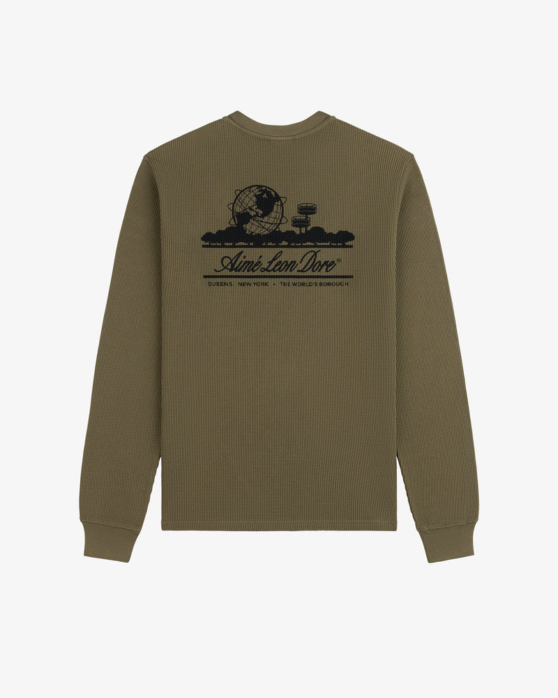 Olive Long-Sleeve Unisphere Waffle Thermal with black globe, trees, and text graphic on the back.