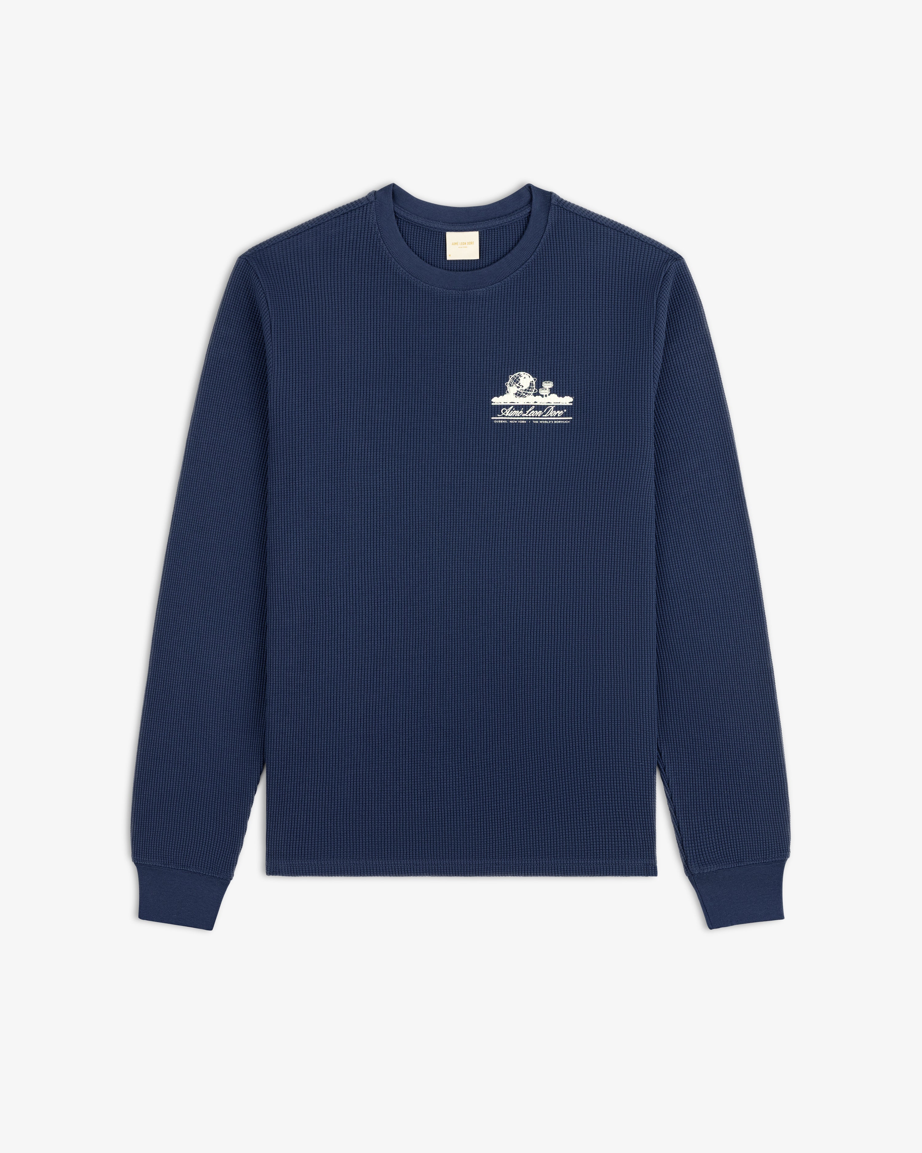 Navy Long-Sleeve Unisphere Waffle Thermal with a white chest graphic and text.