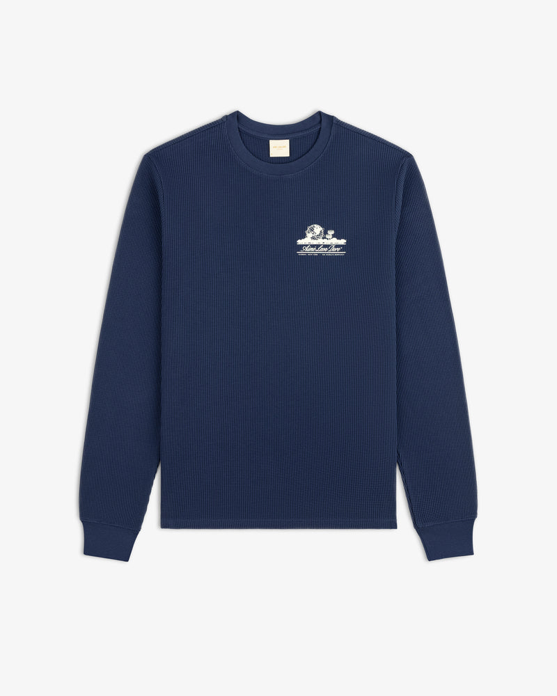 Navy Long-Sleeve Unisphere Waffle Thermal with a white chest graphic and text.