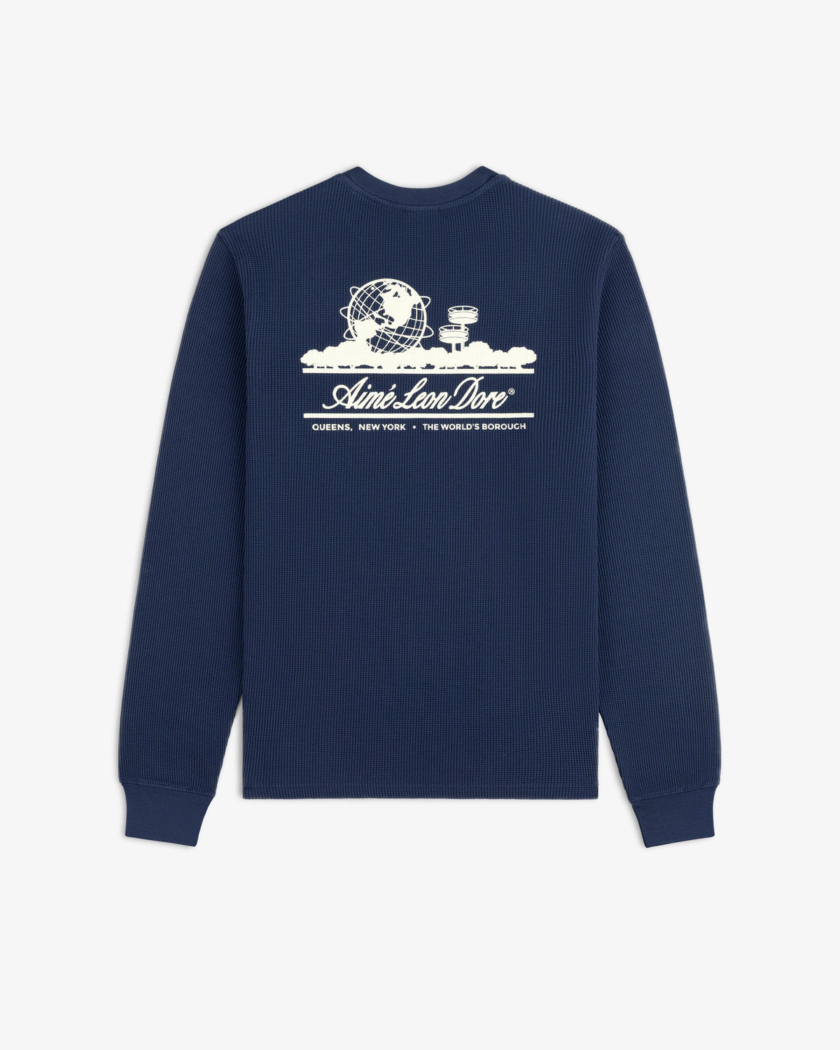 Long-Sleeve Unisphere Waffle Thermal: Navy with white Unisphere graphic and “Queens, New York – The World’s Borough” text.