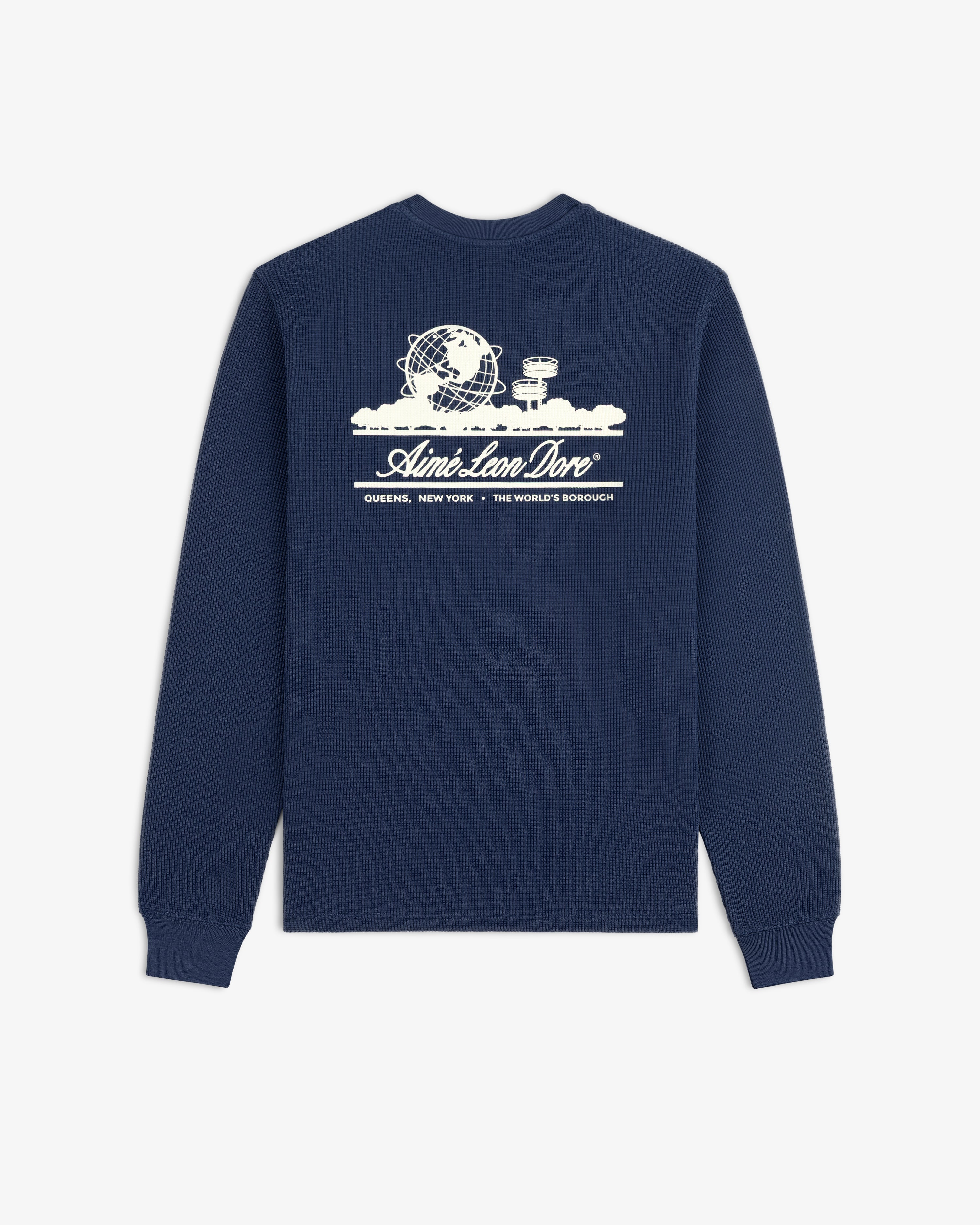 Long-Sleeve Unisphere Waffle Thermal: Navy with white Unisphere graphic and “Queens, New York – The World’s Borough” text.