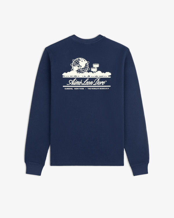 Long-Sleeve Unisphere Waffle Thermal: Navy with white Unisphere graphic and “Queens, New York – The World’s Borough” text.