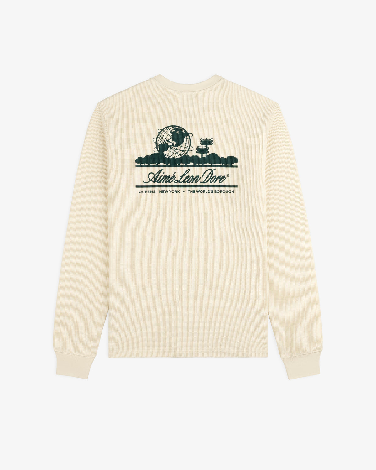 Beige Long-Sleeve Unisphere Waffle Thermal with dark print: globe, skyline & Aimé Leon Dore, Queens, NY on back.
