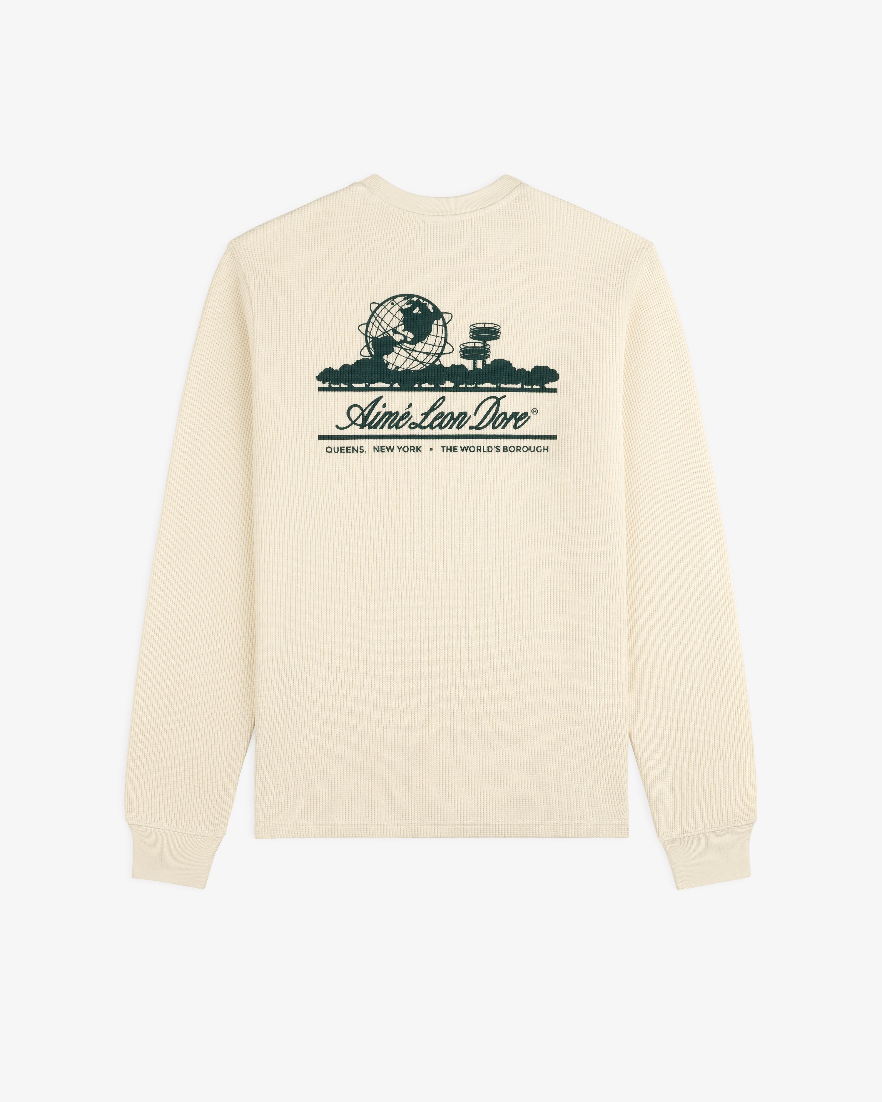 Beige Long-Sleeve Unisphere Waffle Thermal with dark print: globe, skyline & Aimé Leon Dore, Queens, NY on back.