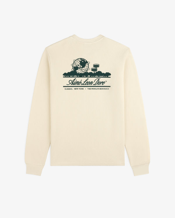 Beige Long-Sleeve Unisphere Waffle Thermal with dark print: globe, skyline & Aimé Leon Dore, Queens, NY on back.