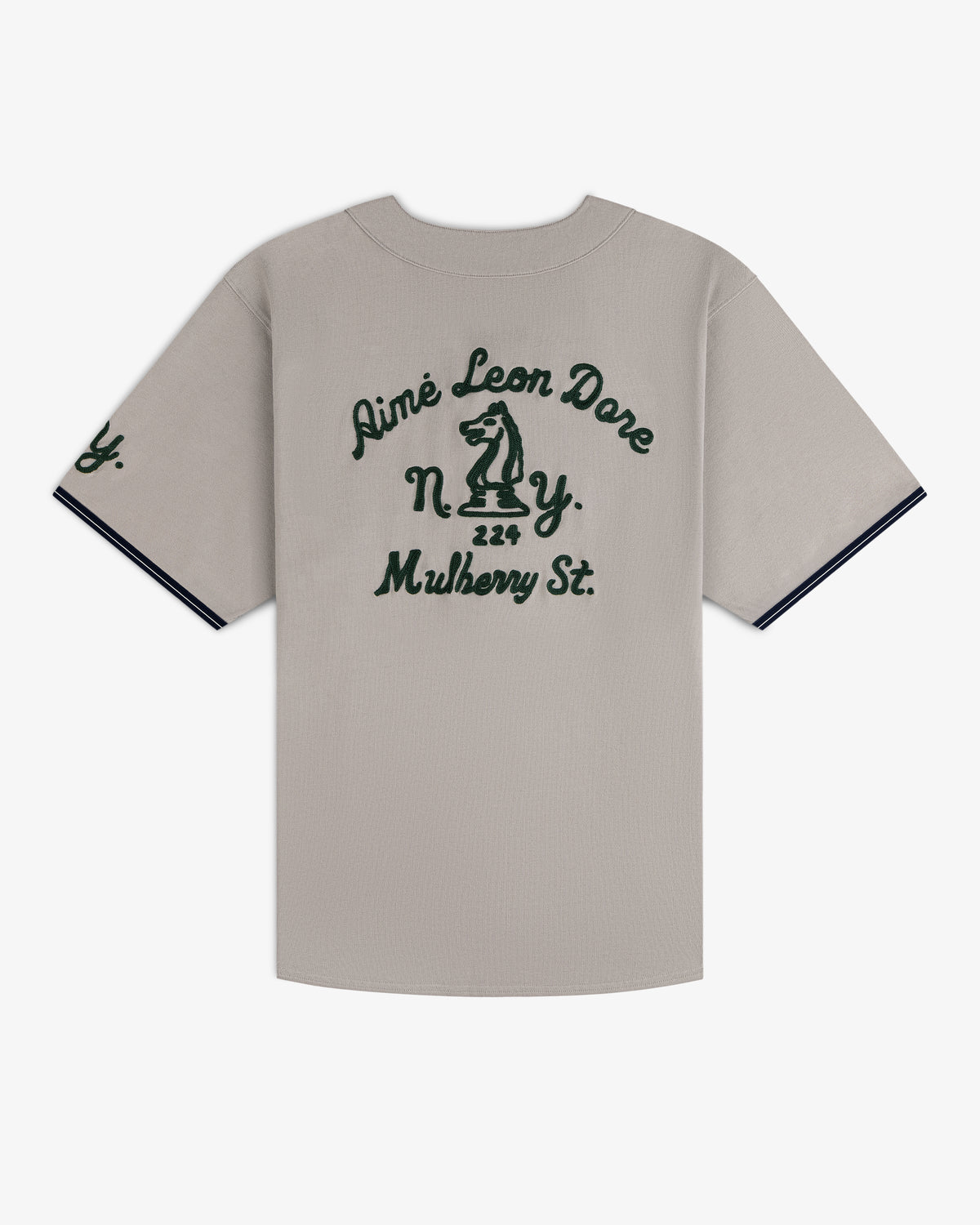 Mulberry Chainstitch Baseball Jersey: Gray with dark green text, knight chess piece on back, navy sleeve trim.
