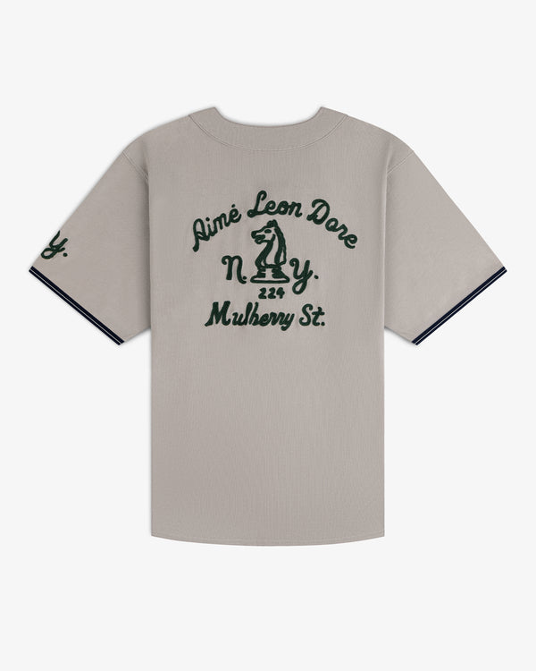 Mulberry Chainstitch Baseball Jersey: Gray with dark green text, knight chess piece on back, navy sleeve trim.