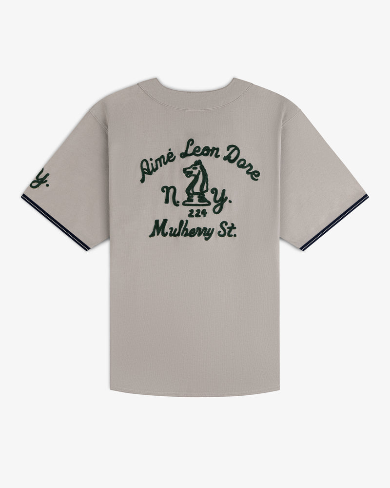 Mulberry Chainstitch Baseball Jersey: Gray with dark green text, knight chess piece on back, navy sleeve trim.