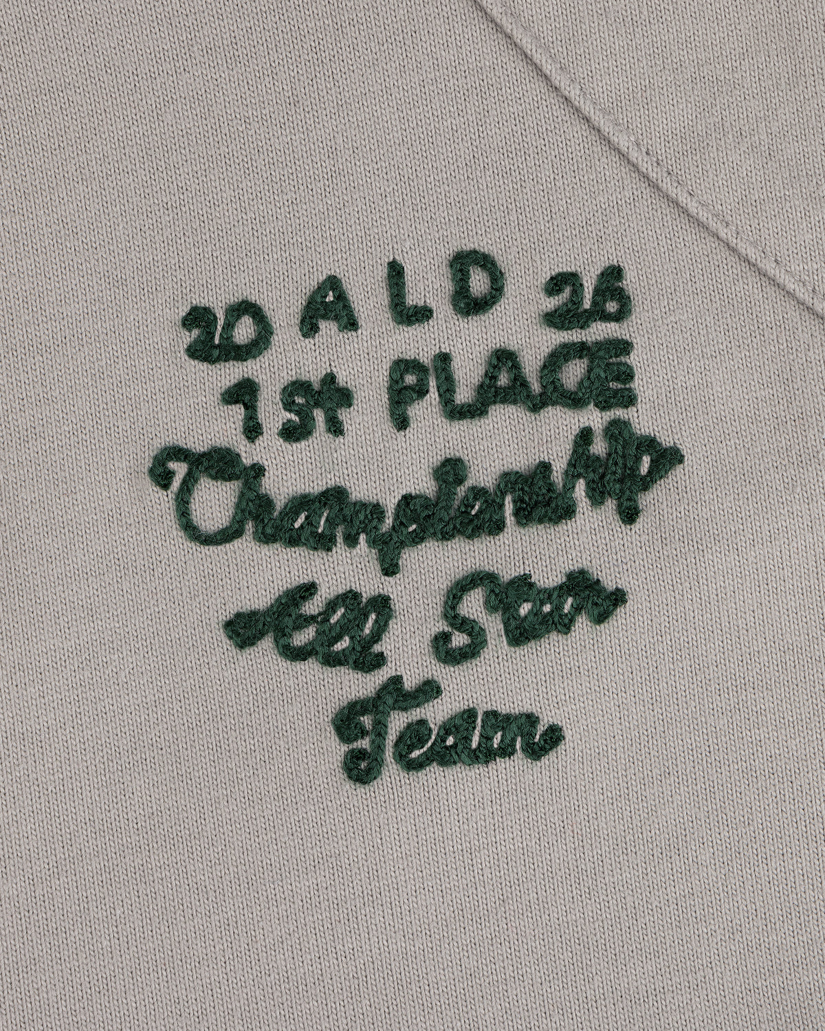 Green chainstitch on beige Mulberry Jersey reads 20 ALD 26 1st PLACE Championship All Star Team in script.