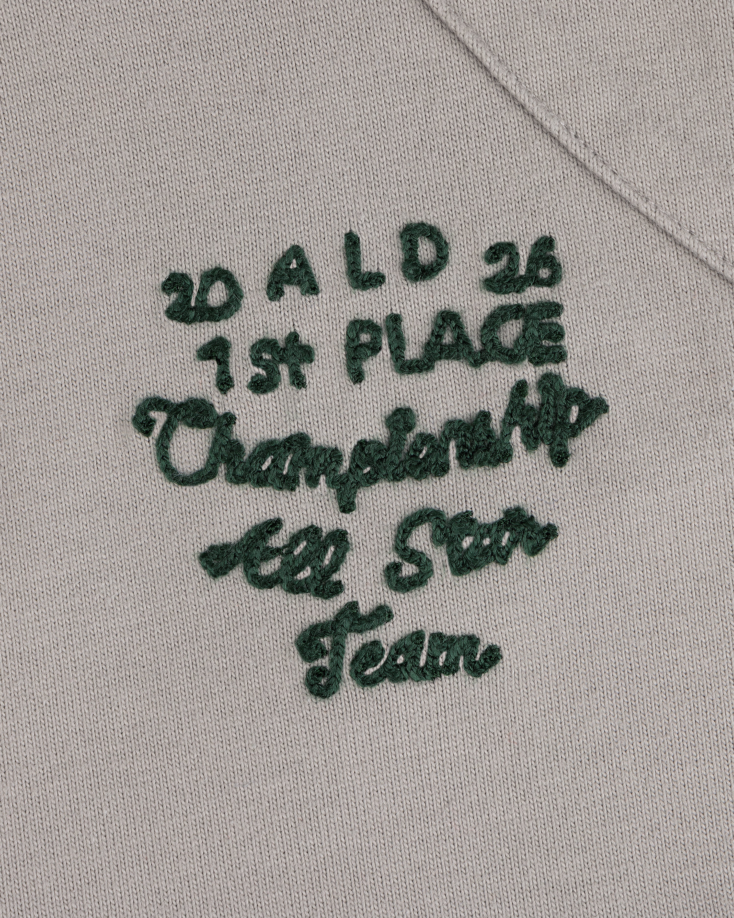 Green chainstitch on beige Mulberry Jersey reads 20 ALD 26 1st PLACE Championship All Star Team in script.