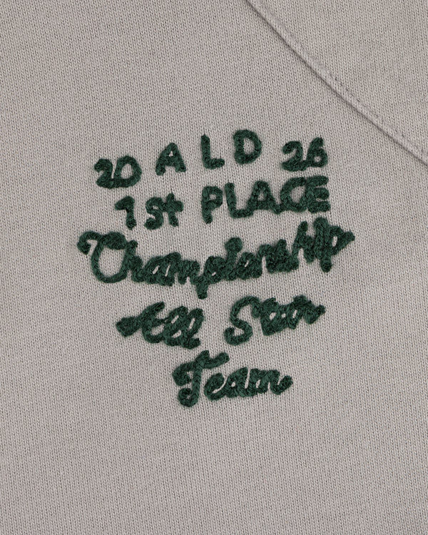Green chainstitch on beige Mulberry Jersey reads 20 ALD 26 1st PLACE Championship All Star Team in script.