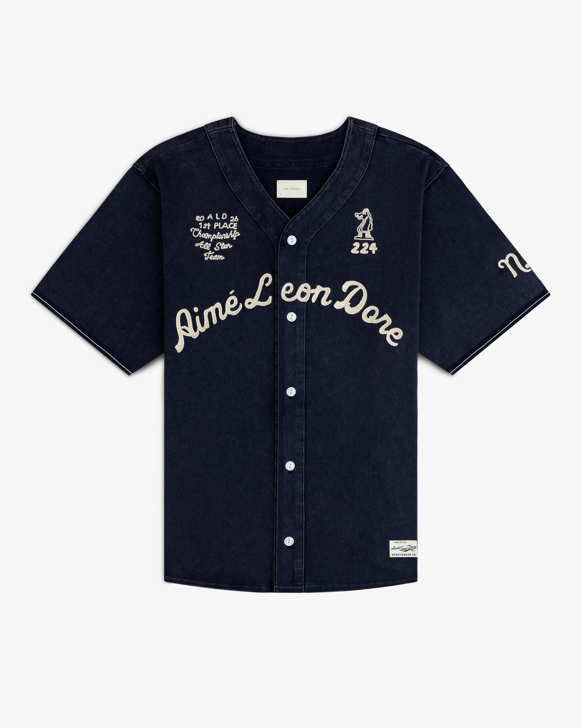 Mulberry Chainstitch Baseball Jersey with Aimé Leon Dore script, white embroidery, and short sleeves, laid flat.