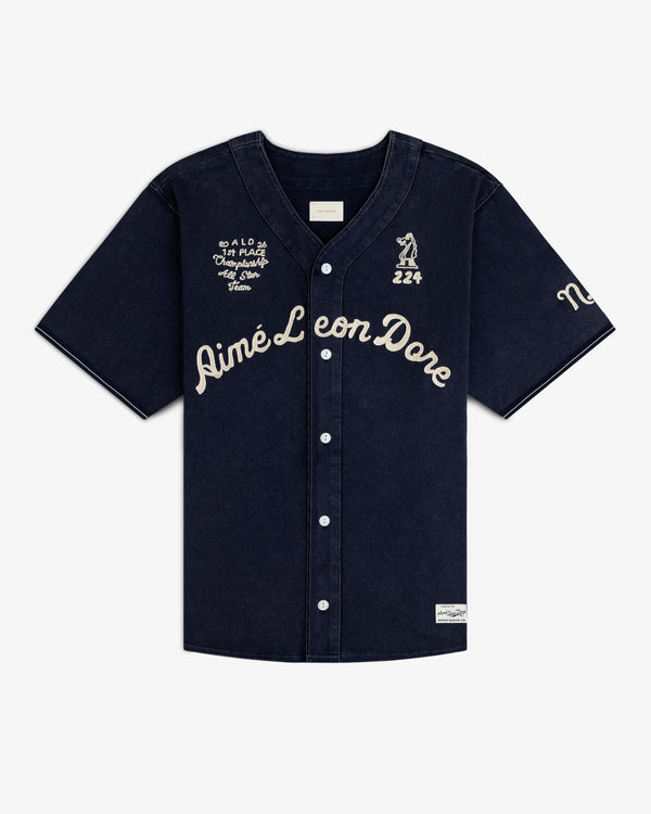 Mulberry Chainstitch Baseball Jersey with Aimé Leon Dore script, white embroidery, and short sleeves, laid flat.