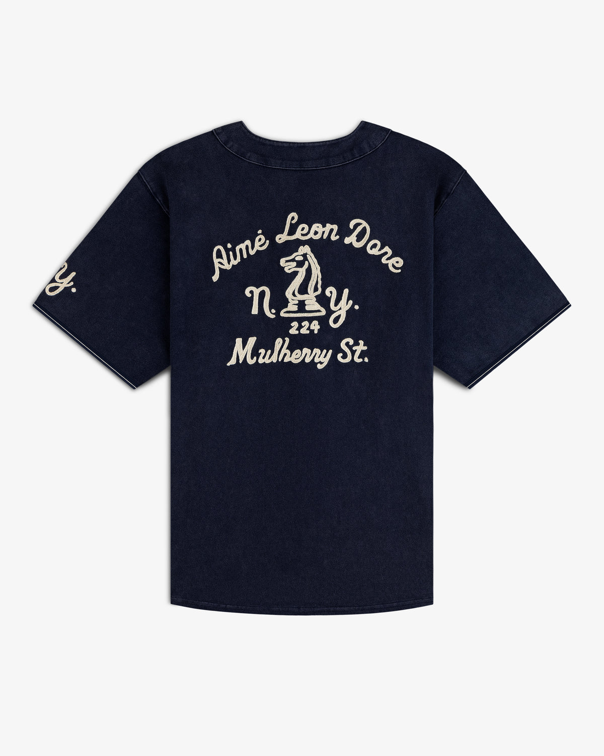 Navy Mulberry Chainstitch Baseball Jersey with white embroidered text and chess knight graphic on the back.