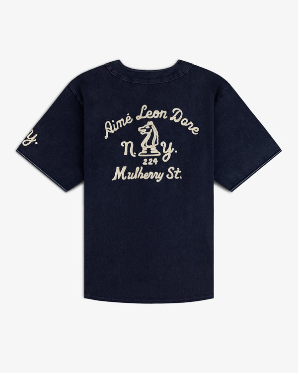Navy Mulberry Chainstitch Baseball Jersey with white embroidered text and chess knight graphic on the back.