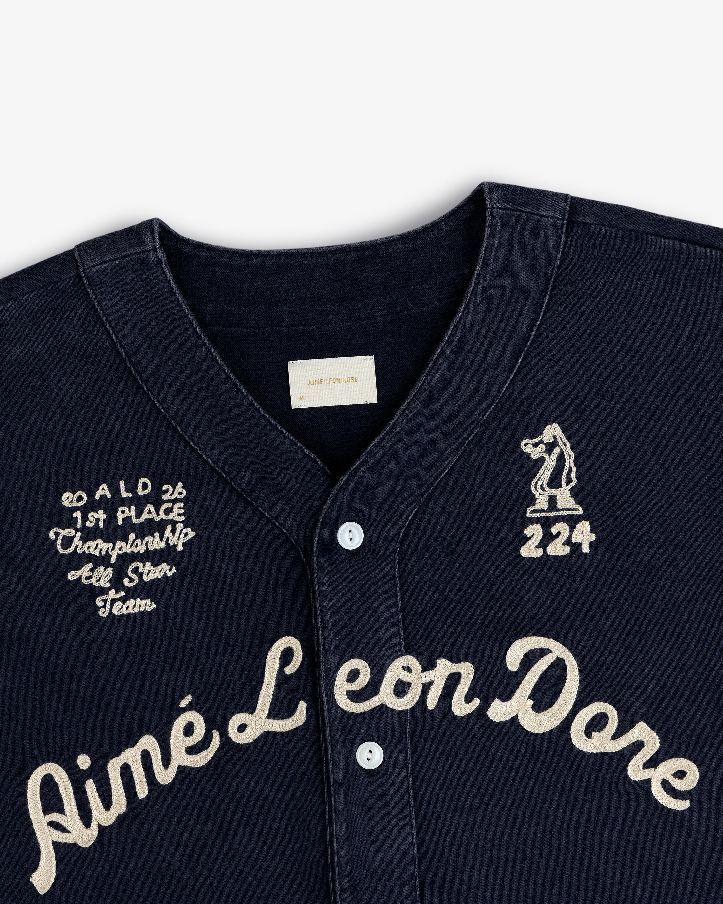 Mulberry Chainstitch Baseball Jersey in navy with Aimé Leon Dore, embroidered golfer #224, and 1st PLACE patches.