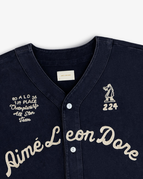 Mulberry Chainstitch Baseball Jersey in navy with Aimé Leon Dore, embroidered golfer #224, and 1st PLACE patches.