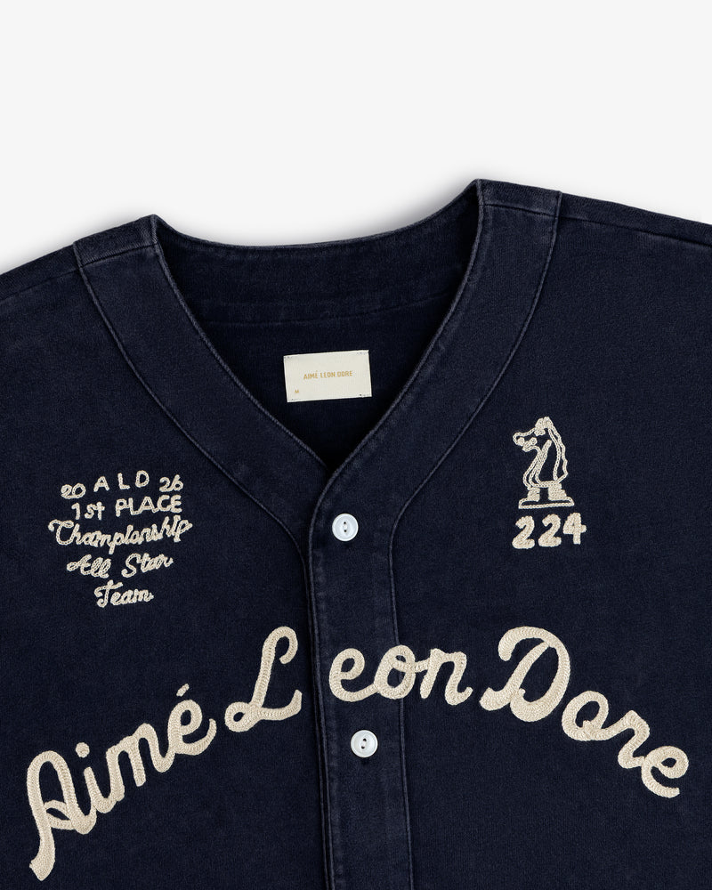 Mulberry Chainstitch Baseball Jersey in navy with Aimé Leon Dore, embroidered golfer #224, and 1st PLACE patches.