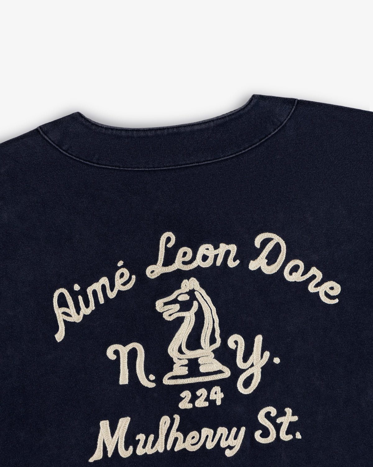 Navy Mulberry Chainstitch Baseball Jersey with white Aimé Leon Dore, N.Y. 224 Mulberry St., and knight embroidery.