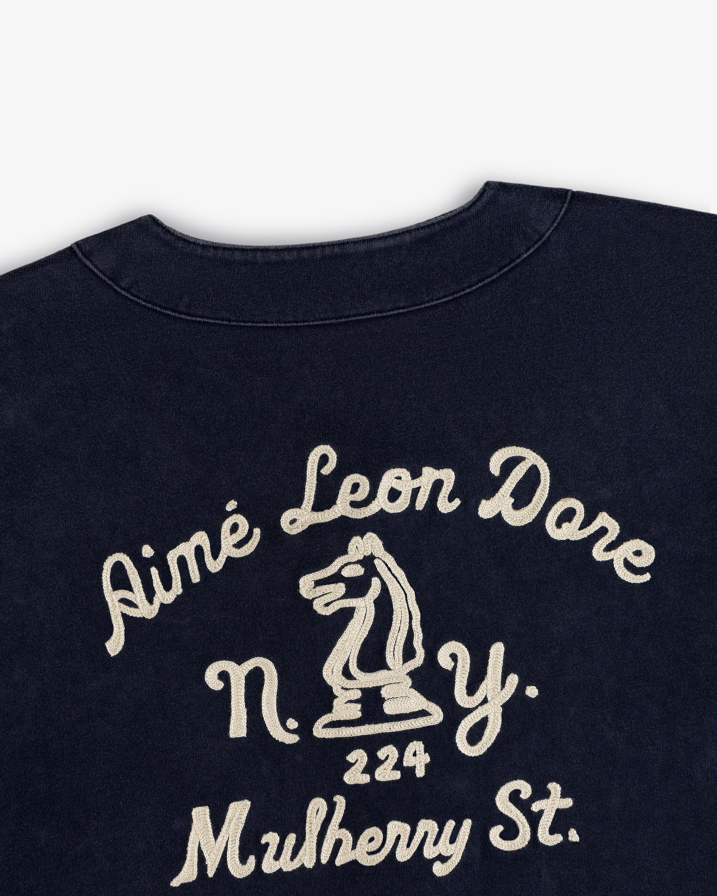 Navy Mulberry Chainstitch Baseball Jersey with white Aimé Leon Dore, N.Y. 224 Mulberry St., and knight embroidery.