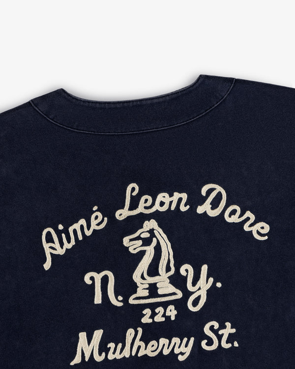 Navy Mulberry Chainstitch Baseball Jersey with white Aimé Leon Dore, N.Y. 224 Mulberry St., and knight embroidery.