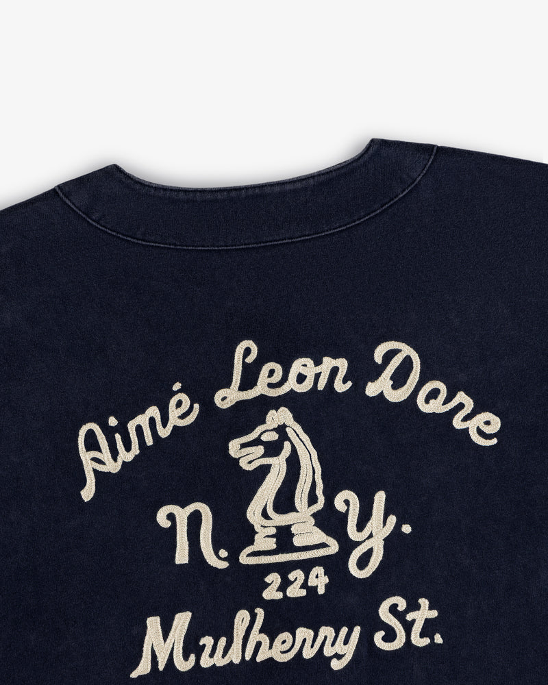 Navy Mulberry Chainstitch Baseball Jersey with white Aimé Leon Dore, N.Y. 224 Mulberry St., and knight embroidery.