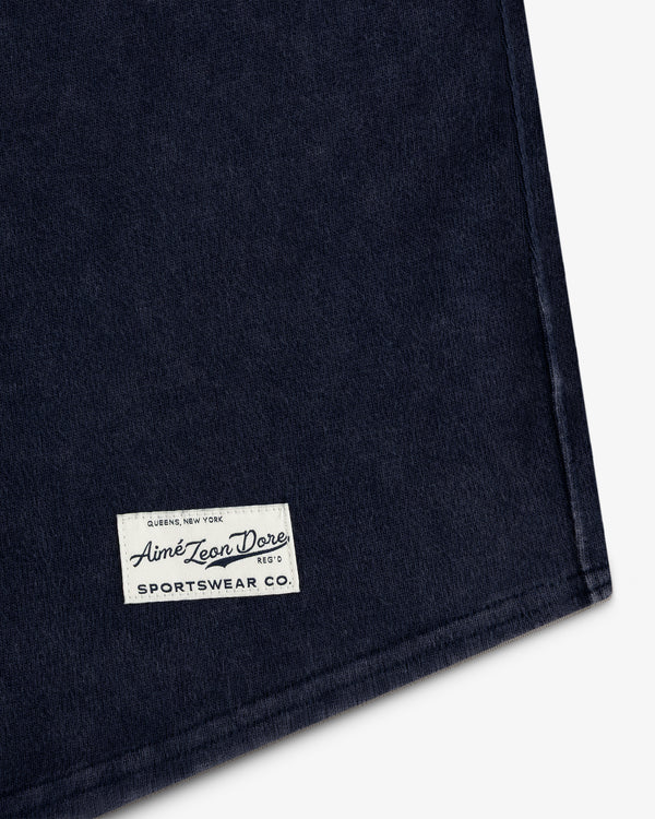 Navy Mulberry Chainstitch Baseball Jersey with white Aimé Leon Dore Sportswear Co. label on the bottom corner.