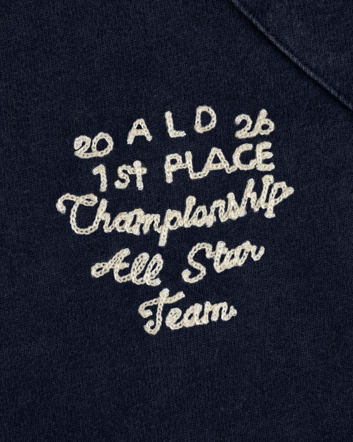 Mulberry Chainstitch Baseball Jersey in navy with white “20 ALD 26 1st PLACE Championship All Star Team” embroidery.