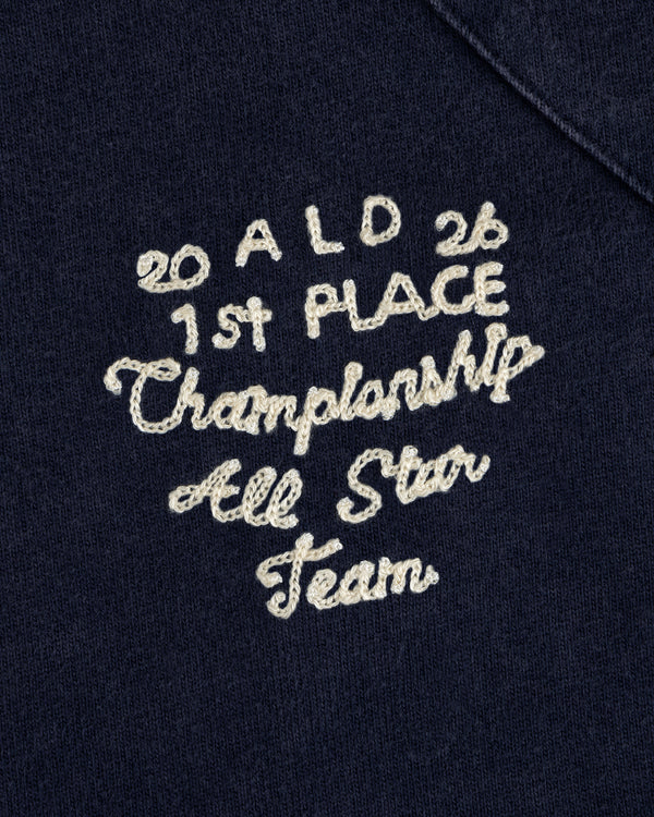 Mulberry Chainstitch Baseball Jersey in navy with white “20 ALD 26 1st PLACE Championship All Star Team” embroidery.