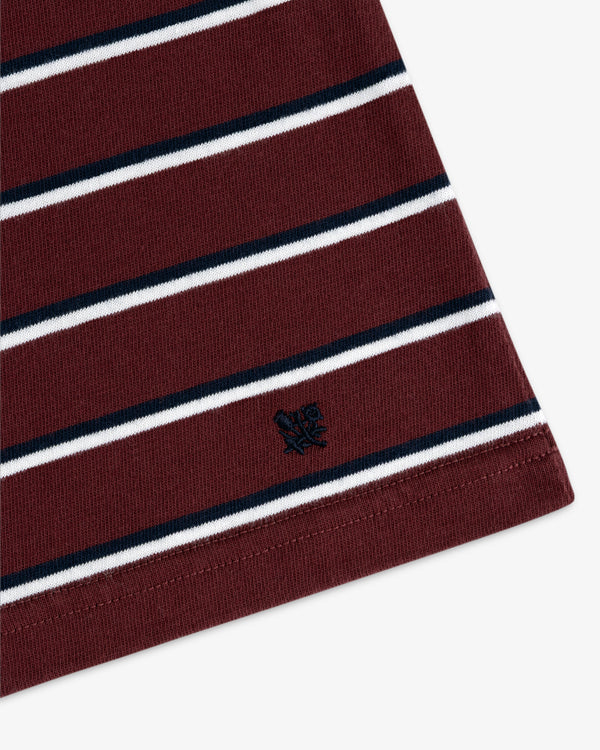 Yarn Dyed Striped Tee: Maroon with white/black stripes, small black logo embroidered near hem.