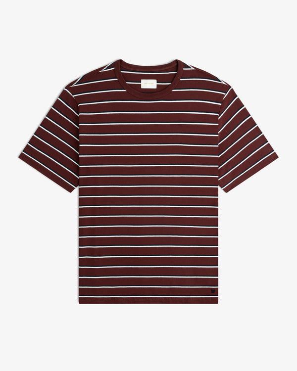 Yarn Dyed Striped Tee in maroon with white and navy stripes, short sleeves, displayed on a white background.