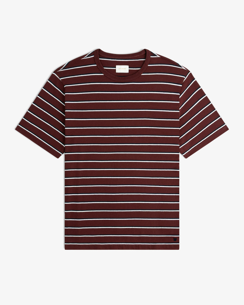Yarn Dyed Striped Tee in maroon with white and navy stripes, short sleeves, displayed on a white background.