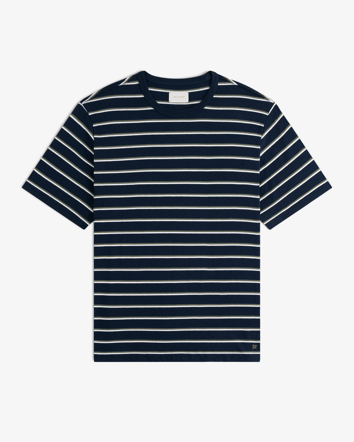 Yarn Dyed Striped Tee in navy with white stripes, short sleeves, shown flat on a white background.
