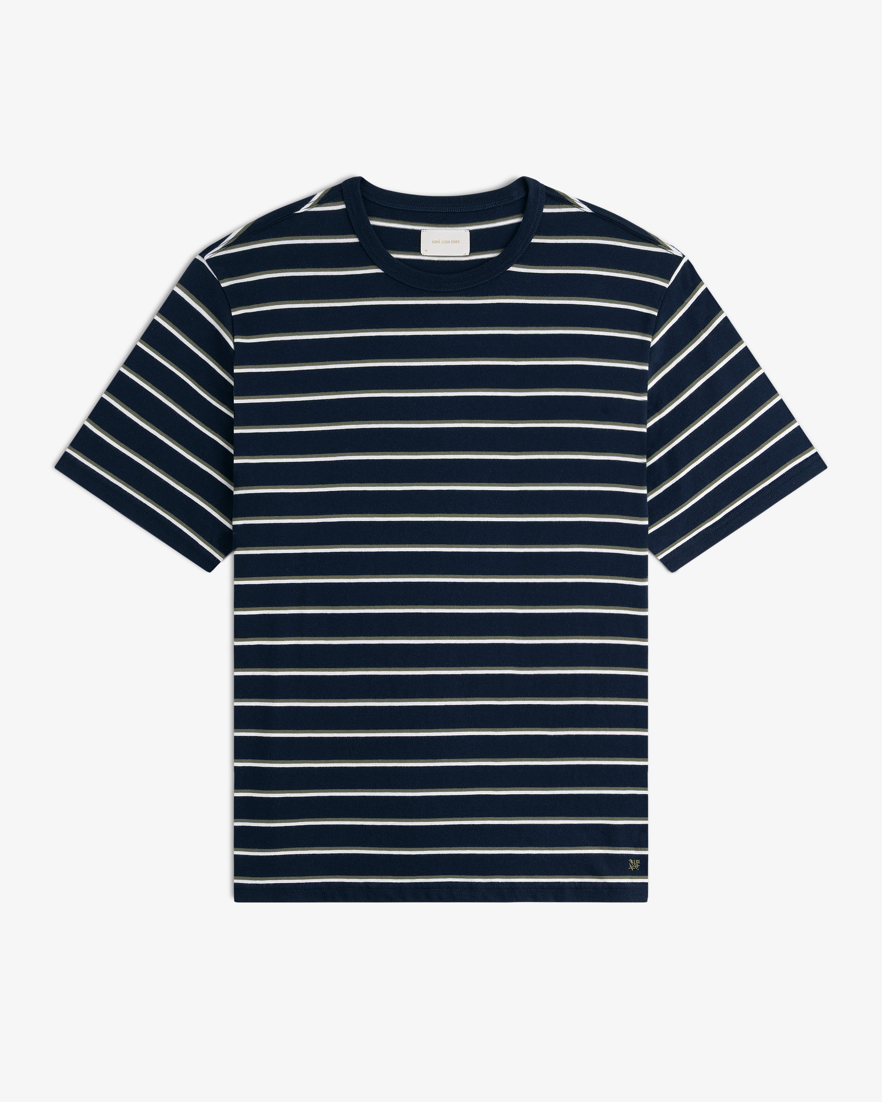 Yarn Dyed Striped Tee in navy with white stripes, short sleeves, shown flat on a white background.