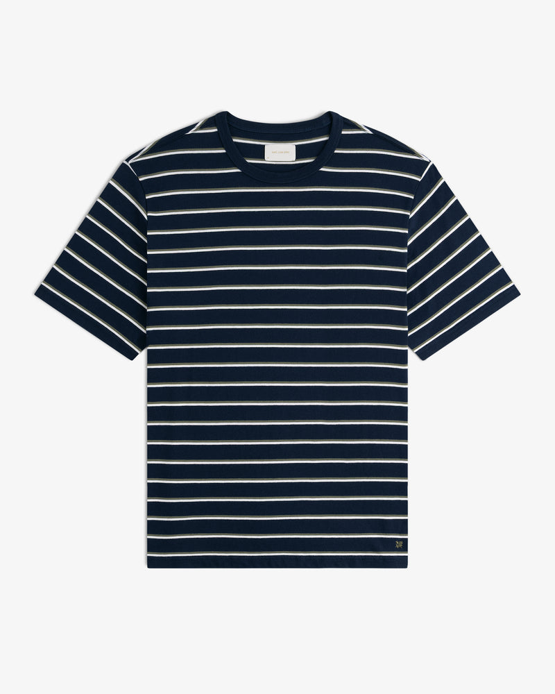 Yarn Dyed Striped Tee in navy with white stripes, short sleeves, shown flat on a white background.