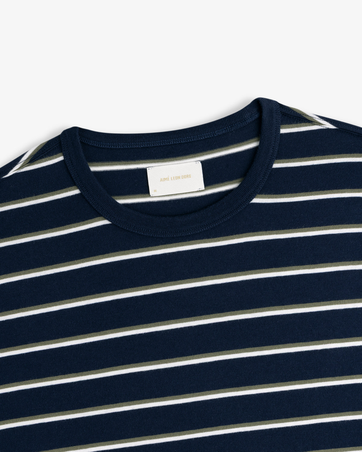 Yarn Dyed Striped Tee in navy with white and olive stripes, shown from the collar and upper chest.
