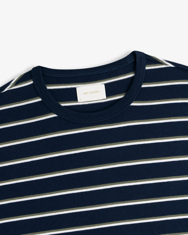 Yarn Dyed Striped Tee in navy with white and olive stripes, shown from the collar and upper chest.