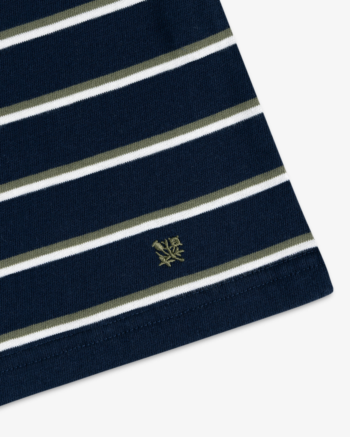 Yarn Dyed Striped Tee: navy fabric with white/olive stripes and a gold rose embroidered near the hem.