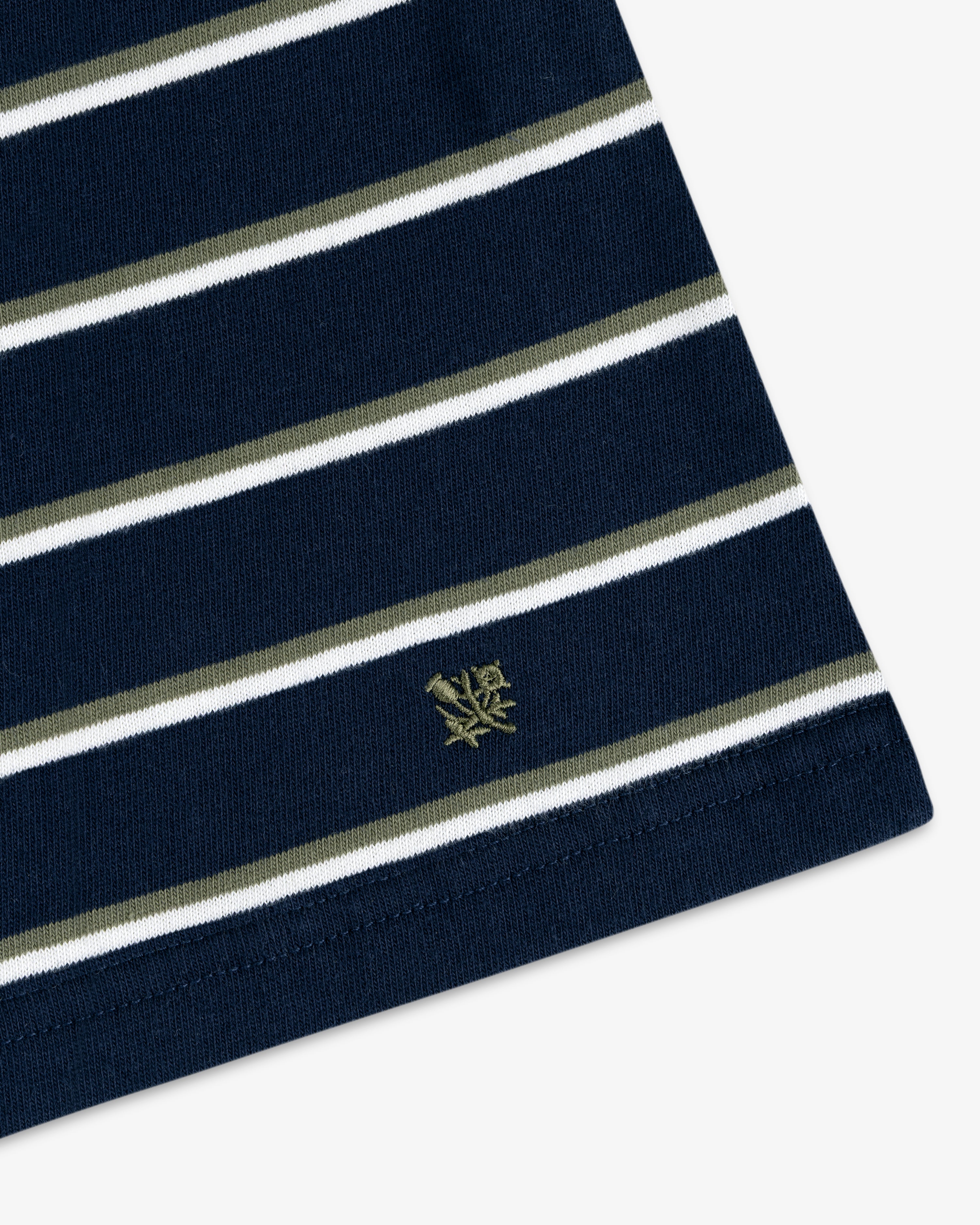 Yarn Dyed Striped Tee: navy fabric with white/olive stripes and a gold rose embroidered near the hem.