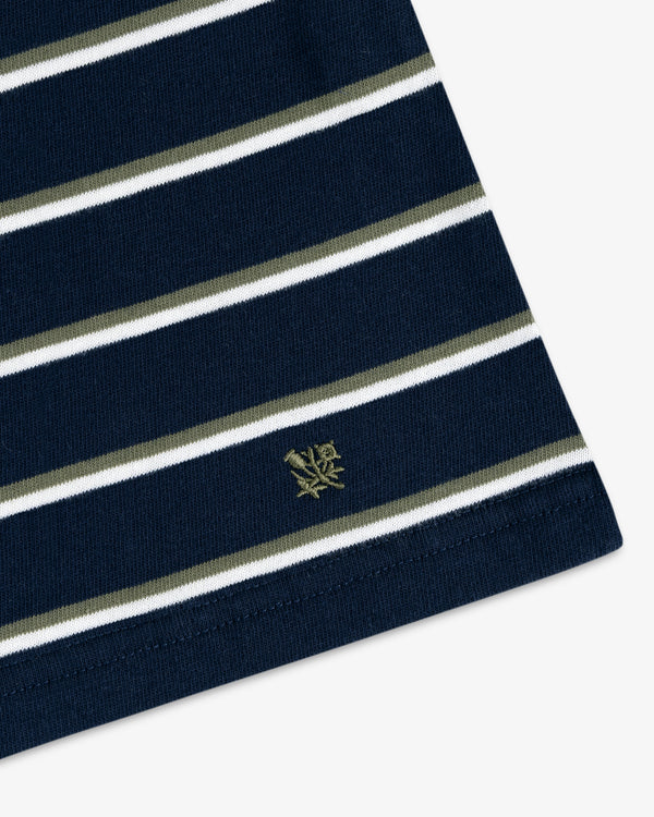 Yarn Dyed Striped Tee: navy fabric with white/olive stripes and a gold rose embroidered near the hem.