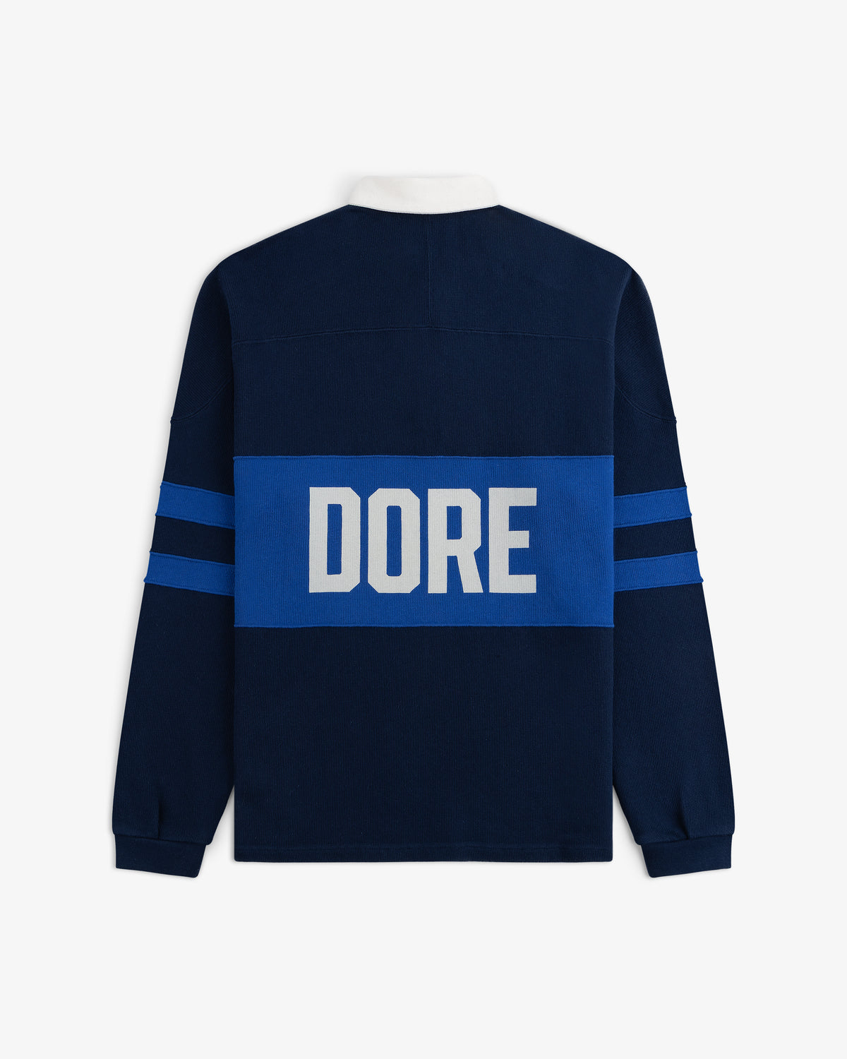 Leon Dore Collegiate Rugby: navy long-sleeve with blue stripes, “DORE” in white letters across the back.