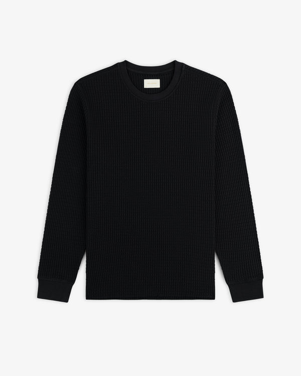 Black Long-Sleeve Waffle Thermal shirt in a waffle-knit texture.