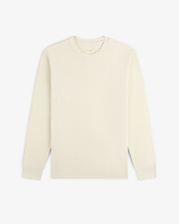 Off-white Long-Sleeve Waffle Thermal crewneck shirt with a textured waffle-knit pattern.