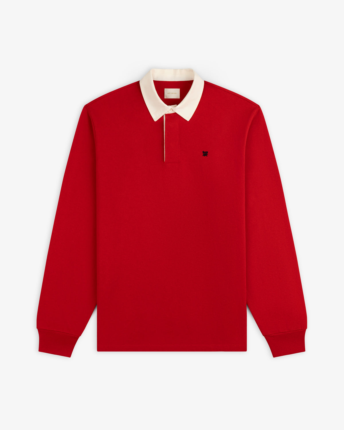 Crest Rugby red long-sleeve polo with white collar and black chest logo, shown flat on a white background.