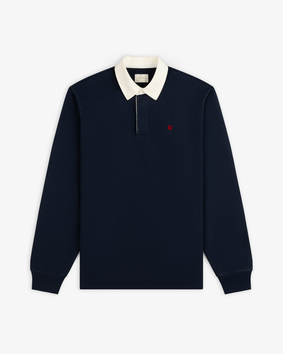 Crest Rugby: navy long-sleeve shirt with white collar, small red chest logo, shown flat on a white background.