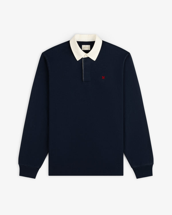 Crest Rugby: navy long-sleeve shirt with white collar, small red chest logo, shown flat on a white background.